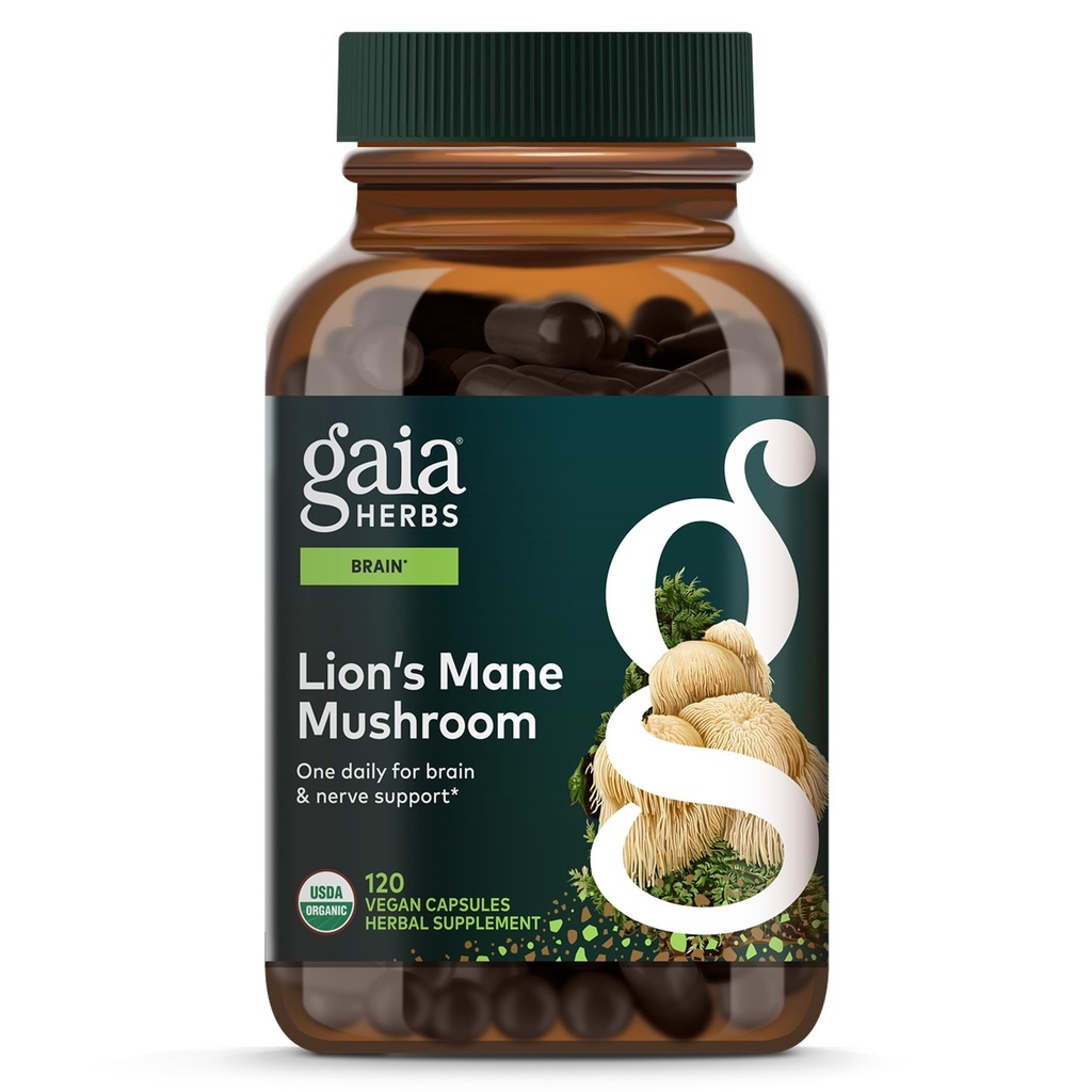 Gaia Herbs Lions Mane Mushroom - Brain & Nerve Health Support * - 120 Veganske kapsler (120- Day Supply)