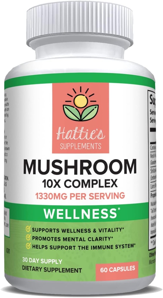 Hattie 's Supplements Mushroom 10x 1330mg, 60 kapsler