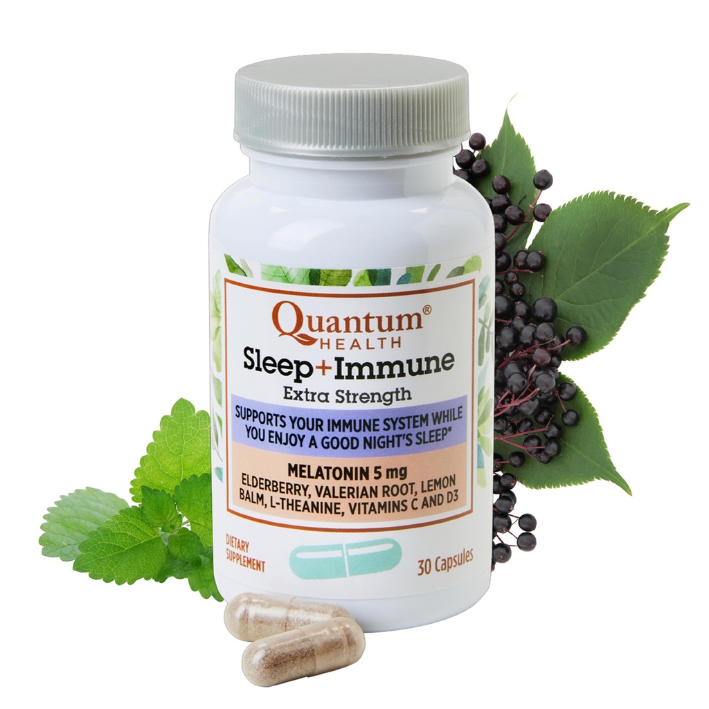 Quantum Health Sleep immun Melatonin 5mg Support L Theanine Valerian Root + Elderberry Vitamin C & D Immunitet Boost Daglig hele kroppen Wellness for kvinder & mænd - 30 kapsler