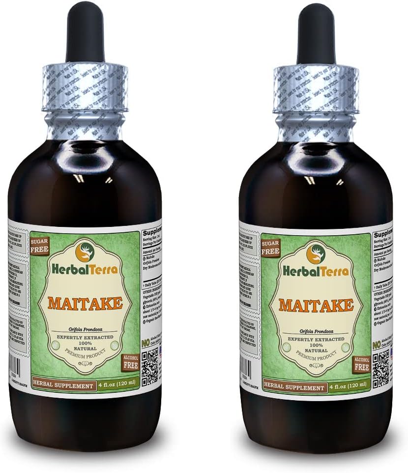Maitake (Grifola Frondosa) Glycerit, Økologisk Tørret Mushroom Alkohol- Free Liquid Extract (Brand Name: HerbalTerra, Stolt Made in USA) 2x4 fl.oz (2x120 ml)