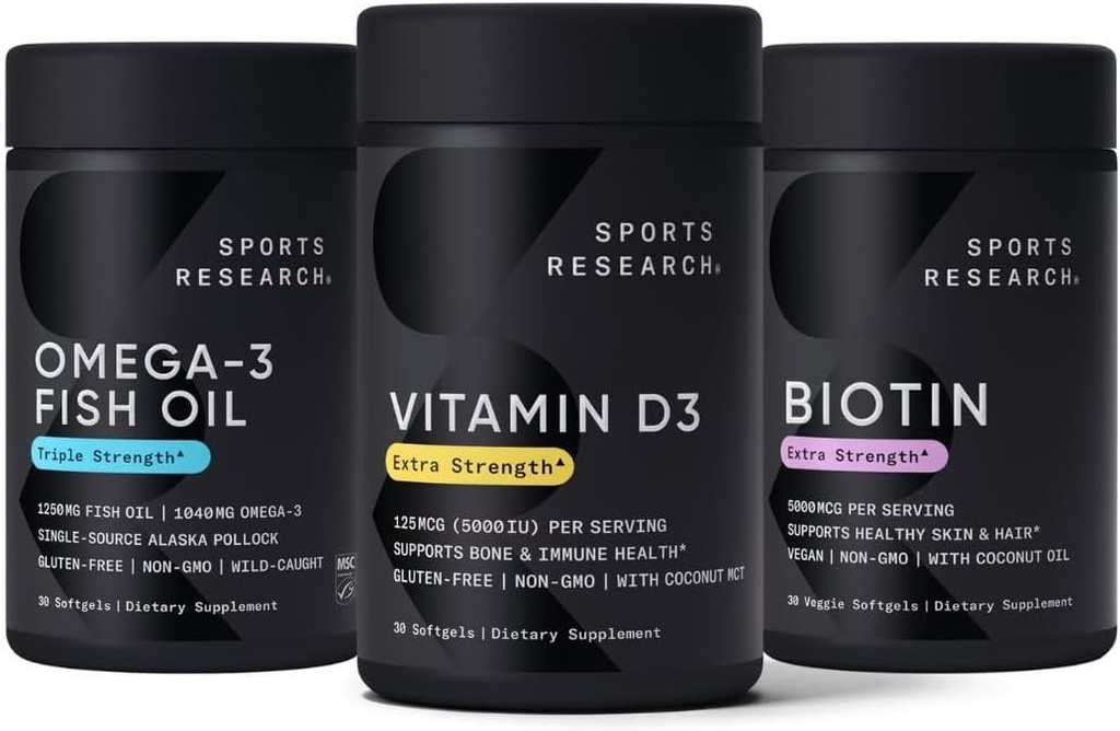 Sports Research Triple Strength Omega 3 Burpless Fish Oil 1250mg fra Wild Alaska Pollock, Vitamin D3 5000 IE med kokos MCT Oil (125mcg) og Vegan Biotin 5000mcg Vitamin B7- 30 Softgels hver