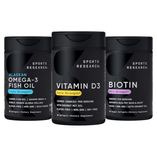 Sports Research Triple Strength Omega 3 Burpless Fish Oil 1250mg fra Wild Alaska Pollock, Vitamin D3 5000 IE med kokos MCT Oil (125mcg) og Vegan Biotin 5000mcg Vitamin B7- 30 Softgels hver