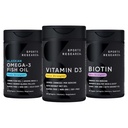 Sports Research Triple Strength Omega 3 Burpless Fish Oil 1250mg fra Wild Alaska Pollock, Vitamin D3 5000 IE med kokos MCT Oil (125mcg) og Vegan Biotin 5000mcg Vitamin B7- 30 Softgels hver