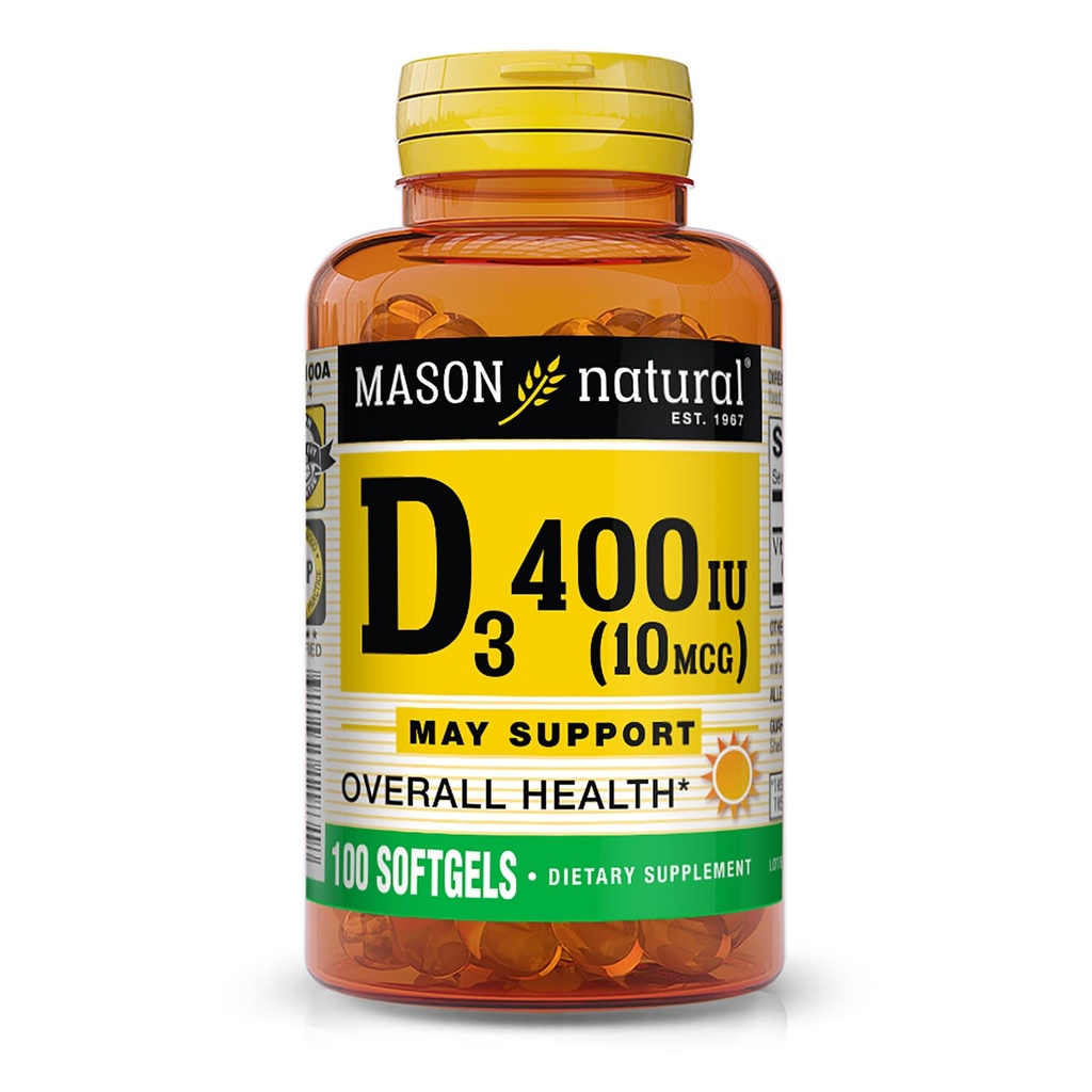 MASON NATURAL Vitamin D3 10 mcg (400 IE) - Understøtter total sundhed, Styrker knogler og muskler, 100 Softgels