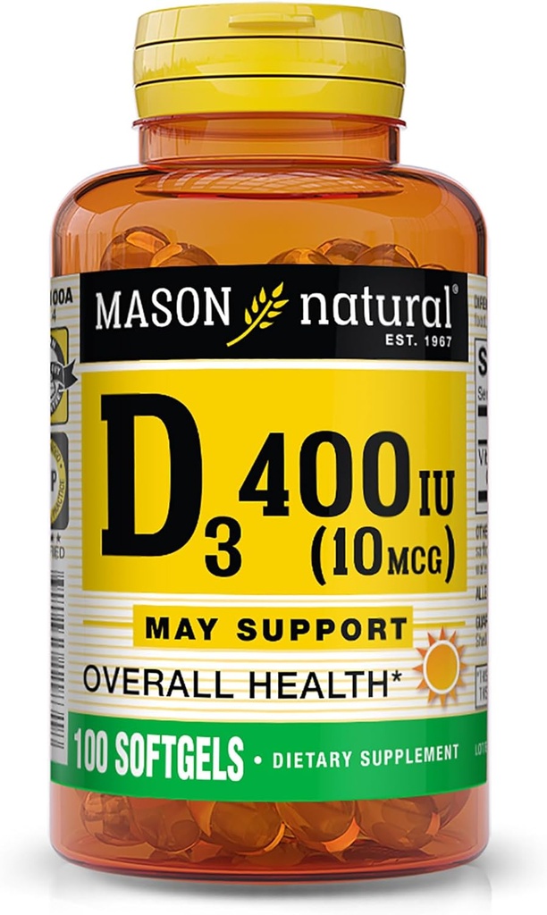 MASON NATURAL Vitamin D3 10 mcg (400 IE) - Understøtter total sundhed, Styrker knogler og muskler, 100 Softgels