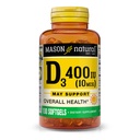 MASON NATURAL Vitamin D3 10 mcg (400 IE) - Understøtter total sundhed, Styrker knogler og muskler, 100 Softgels