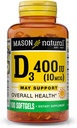 MASON NATURAL Vitamin D3 10 mcg (400 IE) - Understøtter total sundhed, Styrker knogler og muskler, 100 Softgels