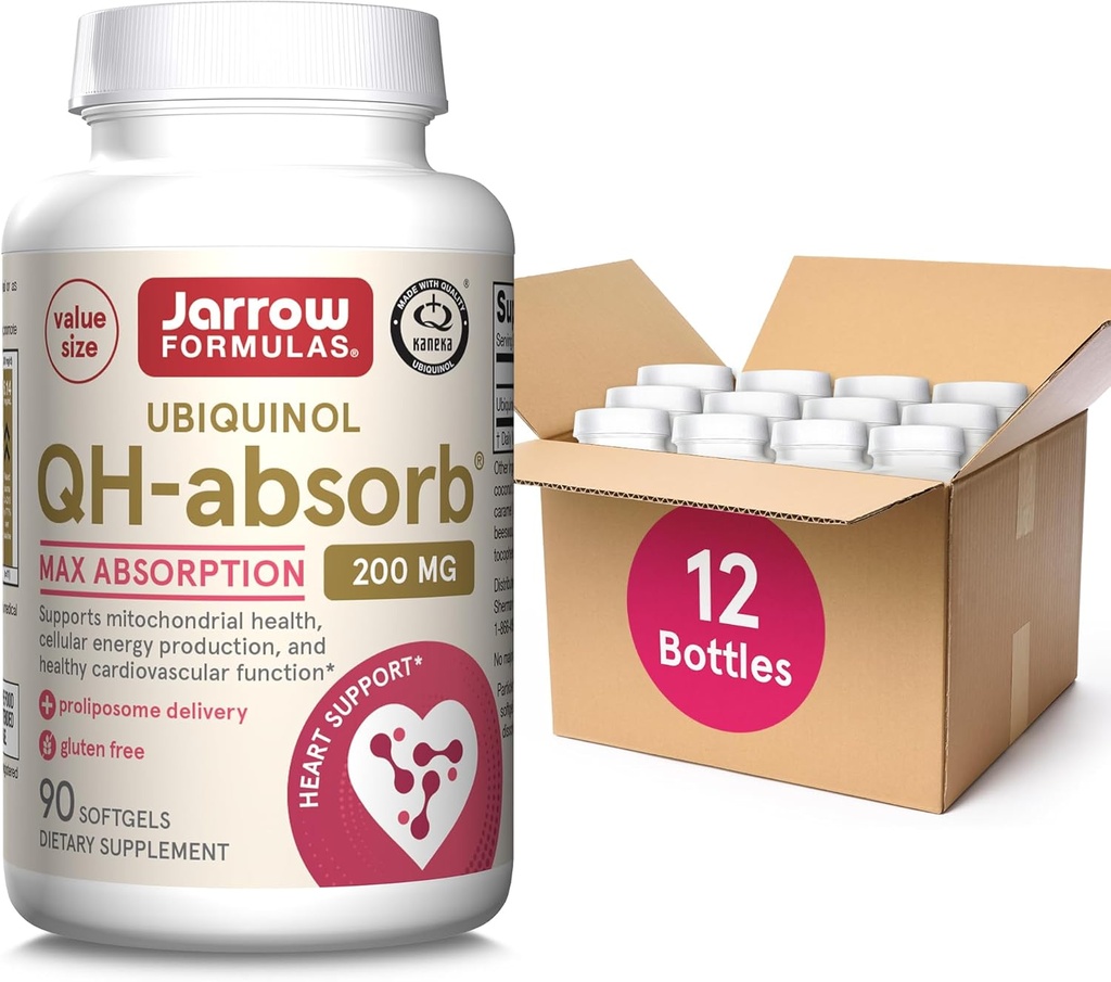 Jarrow Formulas QH- Absorb Ubiquinol 200 mg, Kosttilskud, Support til Mitokondriel Sundhed og sund kardiovaskulær funktion, 90 Softgels, Op til en 90 dages forsyning (Pack of 12)