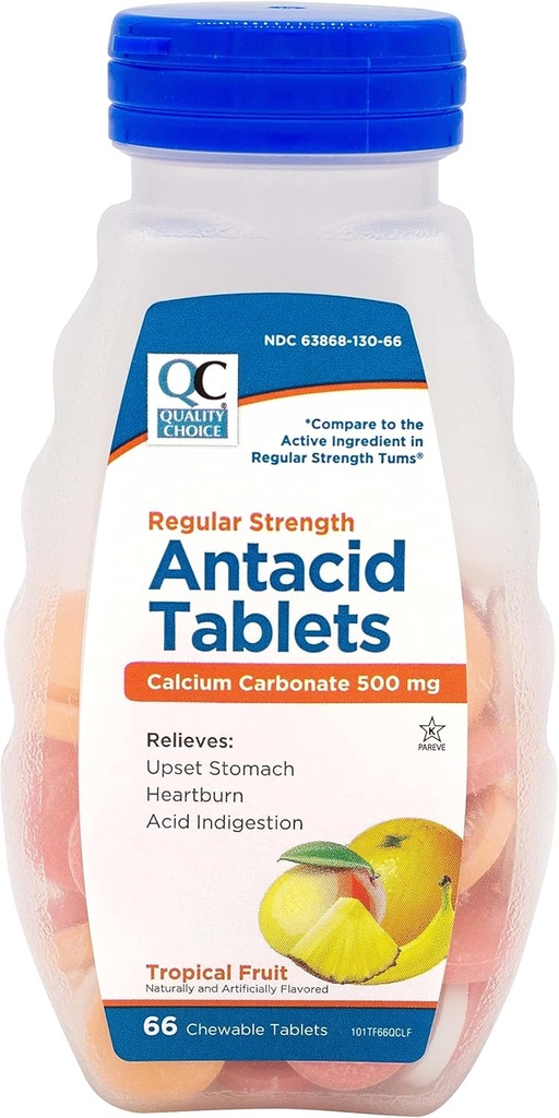 Kvalitetsvalg, Tropical Fruit Flavored Regelmæssig Styrke Calciumkarbonat 500mg, Chewable Antacida Tablets, 66 Greve, Heartburn og Syre fordøjelsesbesvær.
