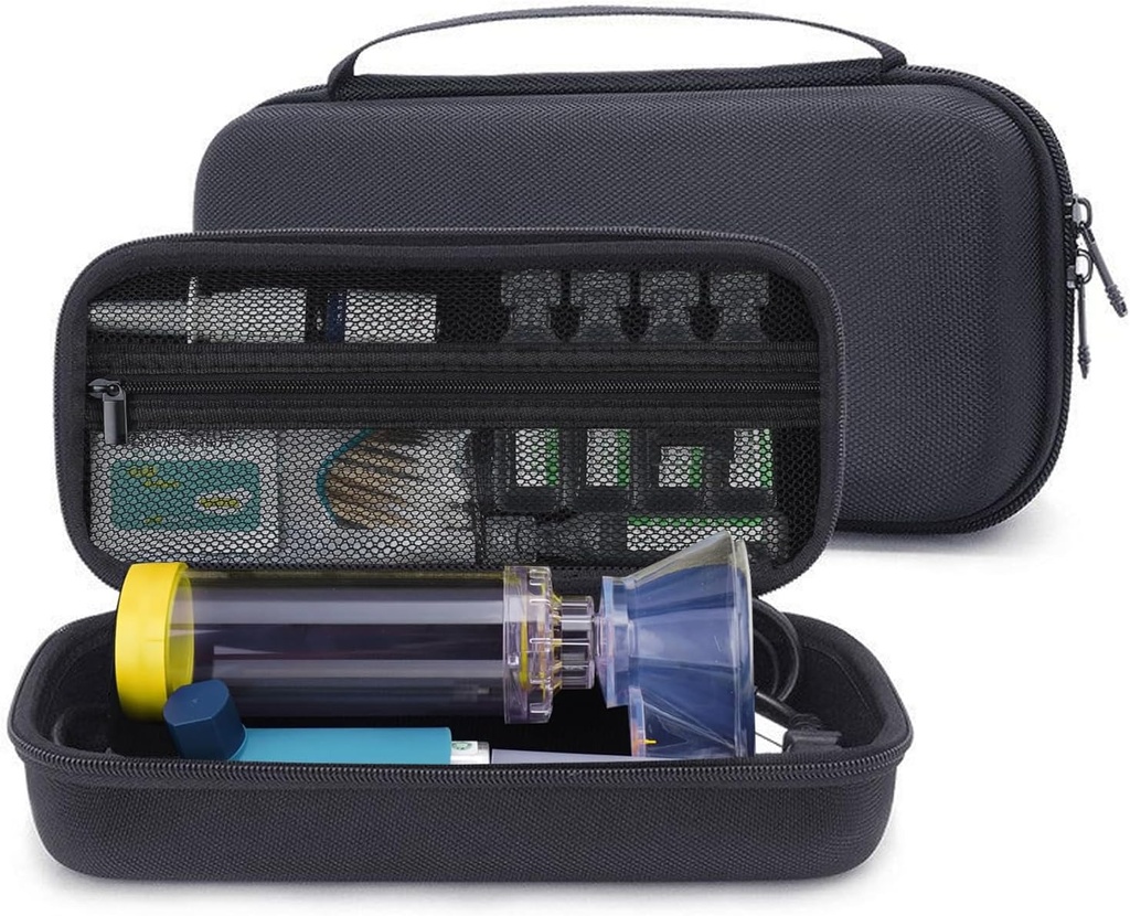 Hårdt rejsetilfælde for Astma Inhaler, Spacer for børn og voksne, Masker, Inhaler Holder Portable Carriing Bag Storage Organizer med Mesh Pocket for Medicine, Allergi Meds, Ventolin Inhaler (CASE KUN)