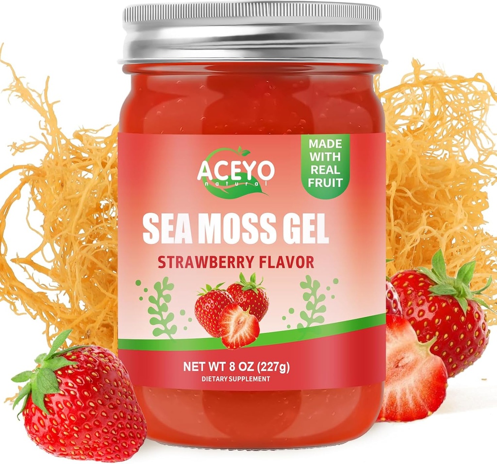 (8 OZ) Natural Sea Moss Gel Raw Strawberry Flavor Irish Seamoss Gel Vegan Kvinder Mænd 102 Vitaminer og mineral Wild Harveed Non-GMO immunforsvar Booster Lung Thyroid fordøjelsesstøtte