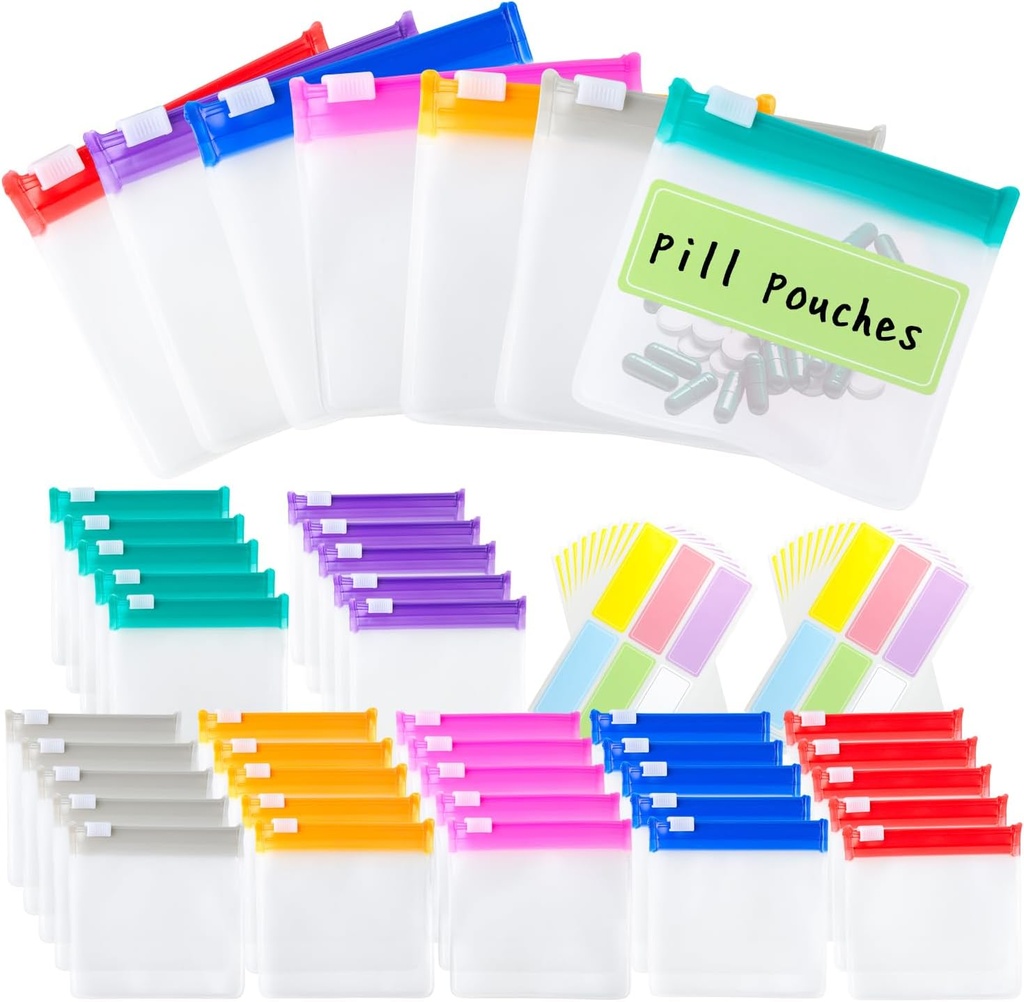 Pill Pouch tasker Genanvendelige rejse Pill Pouches med etiketter sæt 35 Pcs Pill Baggies Daily Medicine Pill Organizer lille medicin pose Self Seal Plastic Pill Pakker med Slide Lock (7 farver)