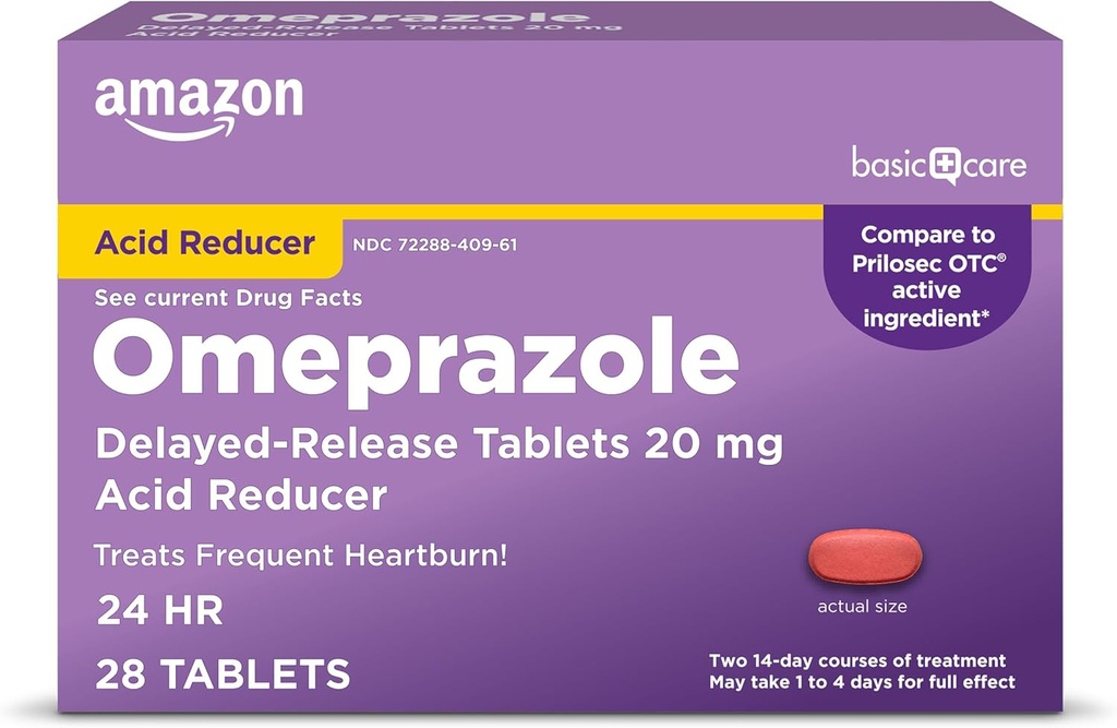 Grundlæggende pleje Omeprazol Forsinkede udgivelsestabletter 20 mg, Treats Hyppig Heartburn, Acid Reducer, Heartburn Medicine, 28 Greve (Emballage kan variere)