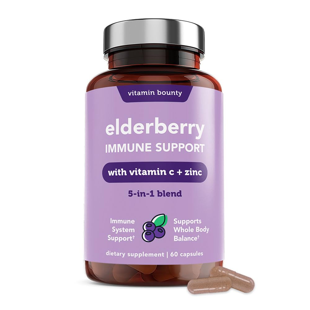 Vitamin Bounty Elderberry Organic Elderberry Kapsler til voksne - Vitamin C og Zink supplement, & Echinacea, immunsystem support, Advanced 5- in-1 Blend, Non- GMO - 60 Kapsler