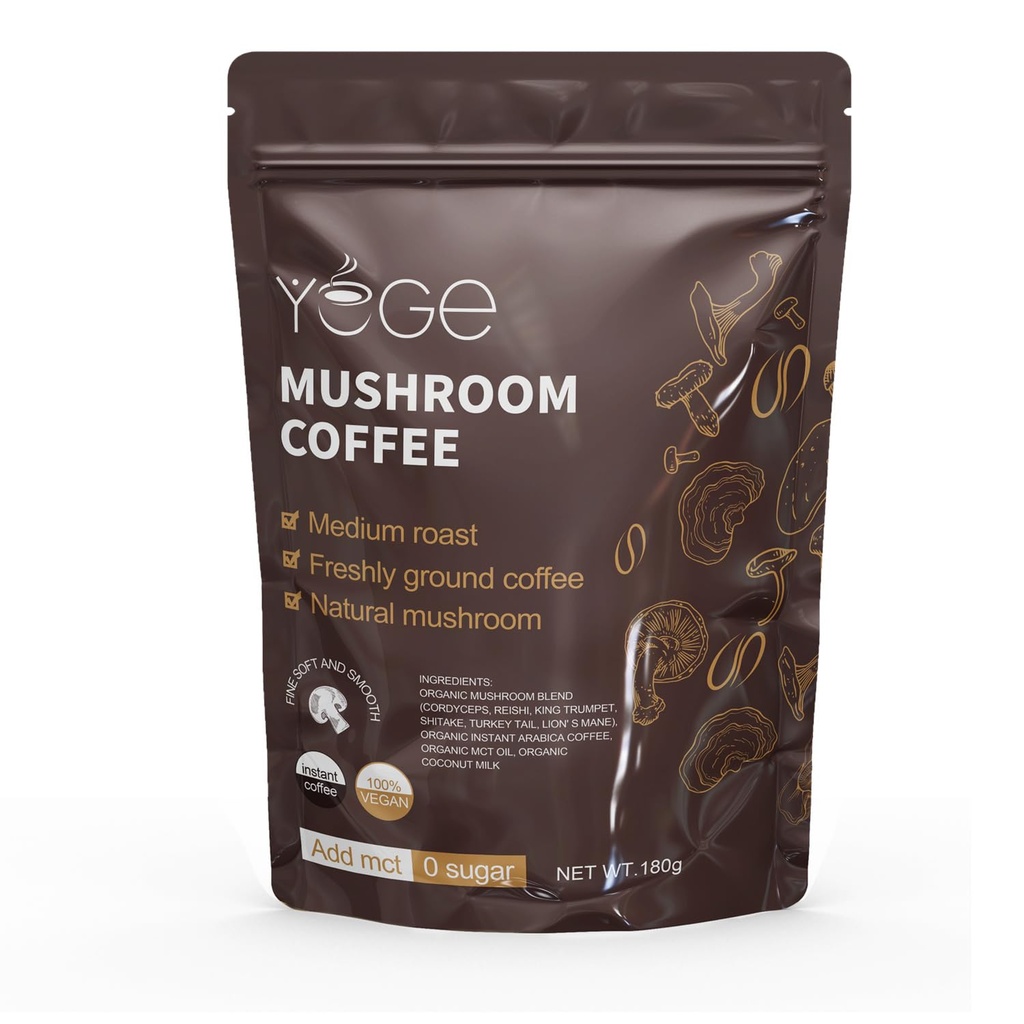 Mushroom kaffe, Instant Mushroom kaffe med Cordyceps, Reish, King Trumpet, Shitake, Tyrkiet Hale, Lions Mane for Energy, Fokus, Positive Mood & Immune Support (30 Servere)