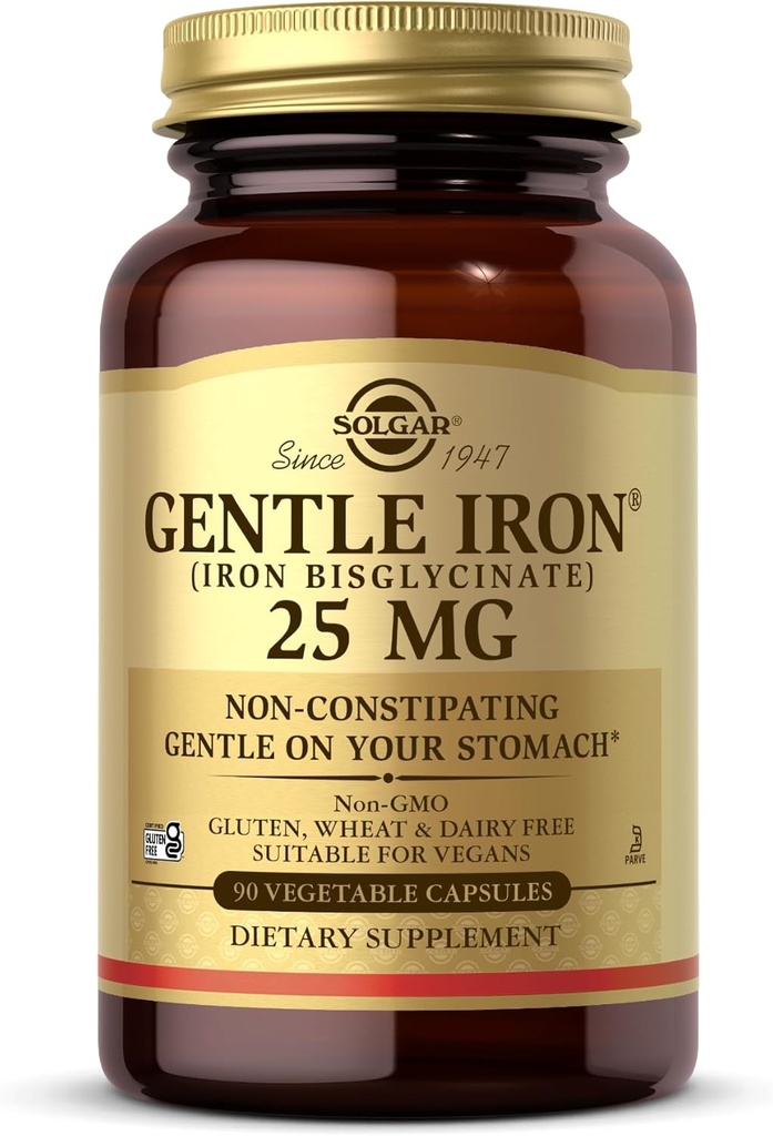 Solgar Gentle Jern (Iron Bisglycinate) 25 mg - 90 Vegetabilske kapsler - Non- Constipating, Gentle på din mave - Gluten Gratis - 90 Servering