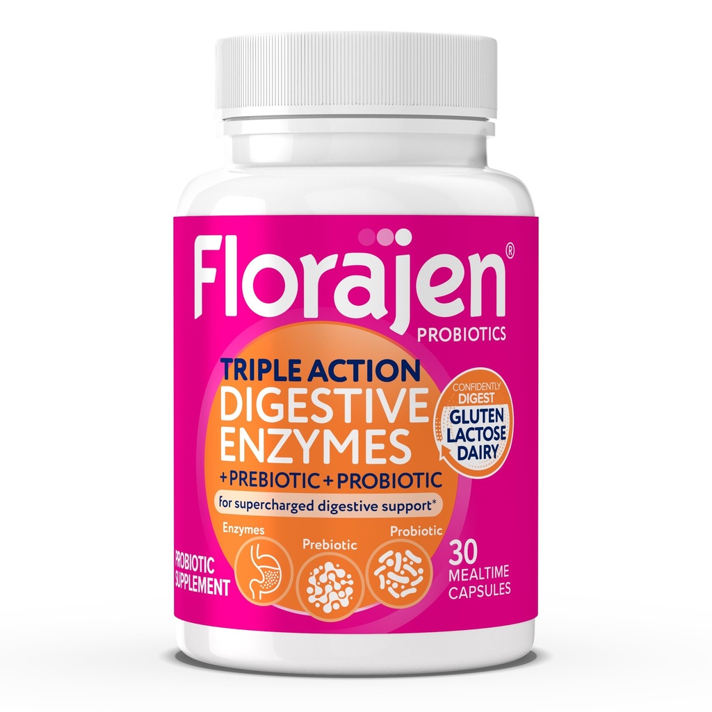 Florajen fordøjelsesenzymer med Probiotika & Prebiotika - Triple- Action Formel for Gut Health, Bloating, & Gas Relief - Understøtter Gluten & Dairy fordøjelse - ren, ikke-GMO - 30-greve