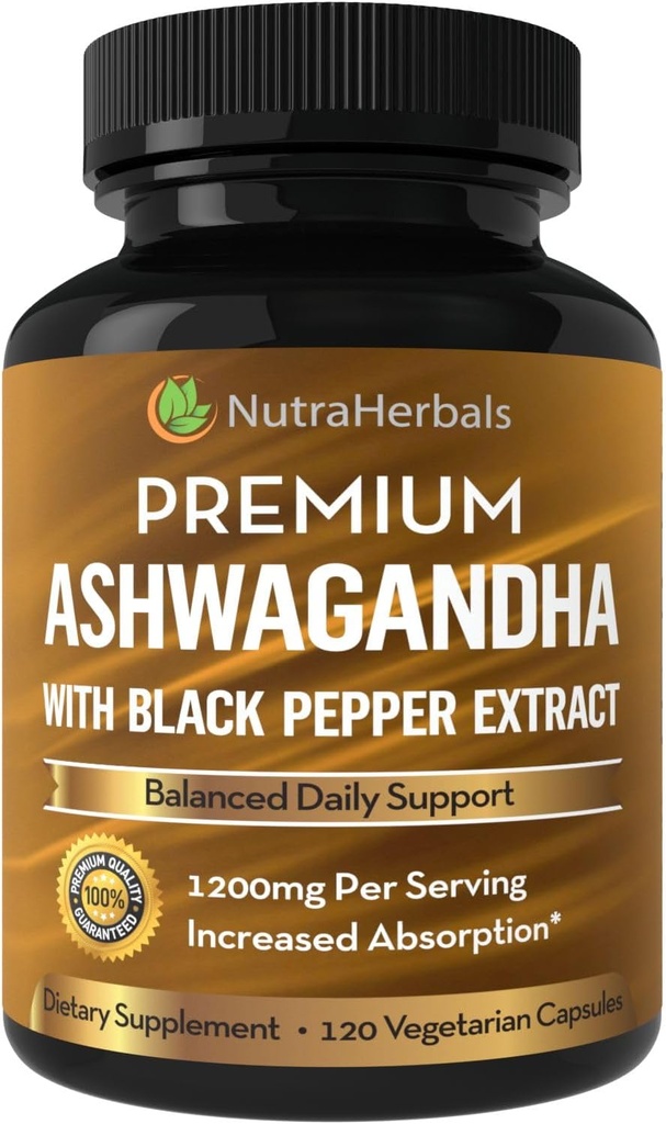 Ashwagandha supplement lavet med Premium Ashwaganda Root Powder 1200mg med sort peber ekstrakt for øget absorption - 120 Vegi kapsler