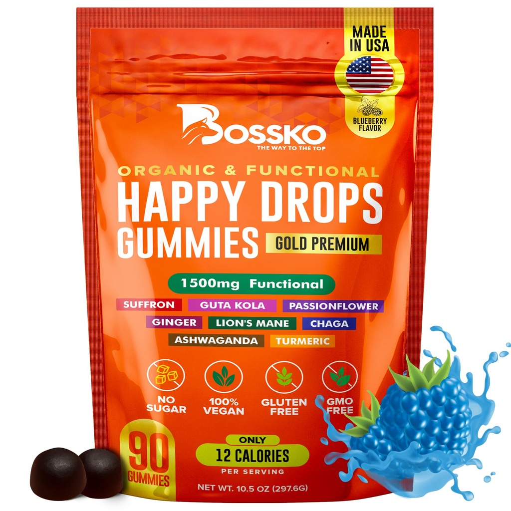Happy Drops - Daily Superfood Gummies for Mood Support, Food and Energy - Sugar- Free, Vegan, Blueberry Flavor - 90 Gummies for voksne - Daily Support for Mood, Focus og Natural Energy