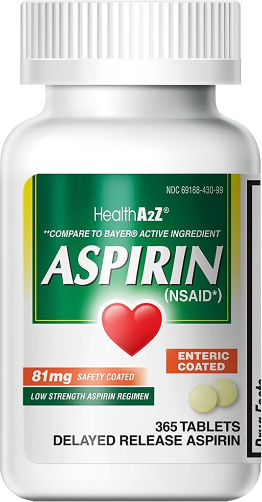 HealthA2Z ® Aspirin 81 mg 1 124; Lav styrke 1 124; Enteric Coated 1 124; Pain Relief 1 124; Reducerer mindre Aches Muskelsmerter & kramper 1 124; Feber Reducer 1 124; Reducerer hovedpine (365 tællinger)