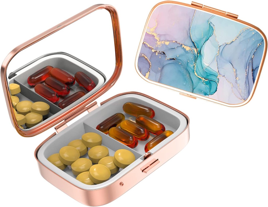 Cute Small Pill sag for lommer og punge, Elegant Pill Box gør en stor gave, 2 Segment Travel Medicine Arrangør Stores Progesteron, Capsule Pills, Ibuprofen, Vitamins-Rose Gold Color Rendering