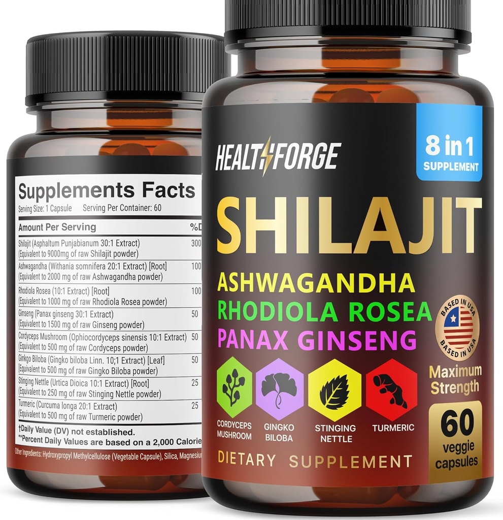 Shilajit Capsules Organic Extract Blend 60 Kapsler til mænd og kvinder - Shilajit Supplement 9000mg Ashwagandha, immunstøtte Supplement 2000mg Rhodiola Supplement, Ginkgo Biloba