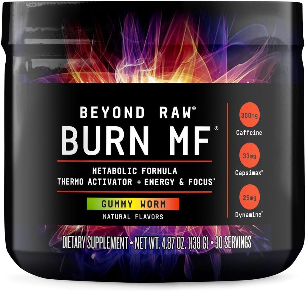 BEYOND RAW Burn MF, Metaboliske Formel, Thermo Activator, Understøtter energi og fokus, Gummy Worm, 30 Serveringer