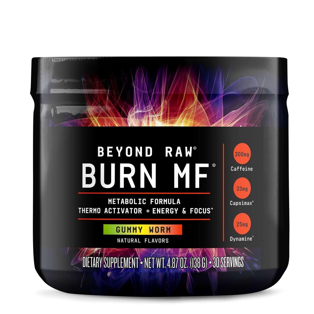 BEYOND RAW Burn MF, Metaboliske Formel, Thermo Activator, Understøtter energi og fokus, Gummy Worm, 30 Serveringer