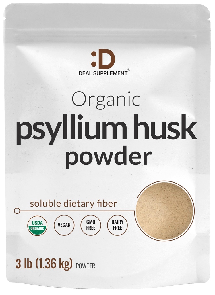 DEAL SUPPLEMENT Organic Psyllium Husk Powder, 3lbs (48oz) - Unflavored Plant Based Opløselige Dietary Fiber - Gut & fordøjelsessundhed - Great for bagning & madlavning - Keto Friendly, Gluten Free, Non- GMO