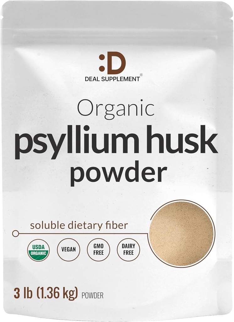 DEAL SUPPLEMENT Organic Psyllium Husk Powder, 3lbs (48oz) - Unflavored Plant Based Opløselige Dietary Fiber - Gut & fordøjelsessundhed - Great for bagning & madlavning - Keto Friendly, Gluten Free, Non- GMO