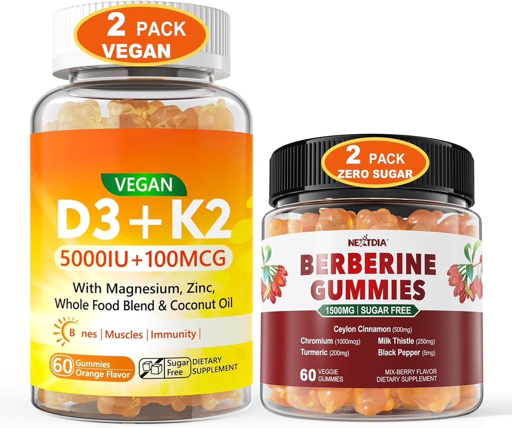 2 Pack Vegan Vitamin D3 5000IE K2 Gummies + 2 Pack Berberine Supplement 150 mg Gummies