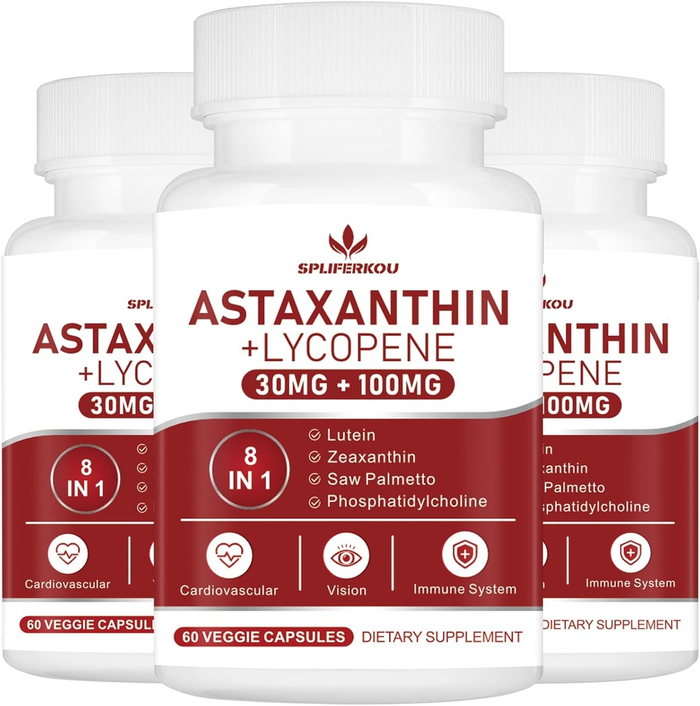 Astaxanthin og Lycopene 70 mg, Astaxanthin Supplement med Phosphatidylcholin, Lutein og Zeaxanthin, Kraftige antioxidanter Supplement (180 kapsler)