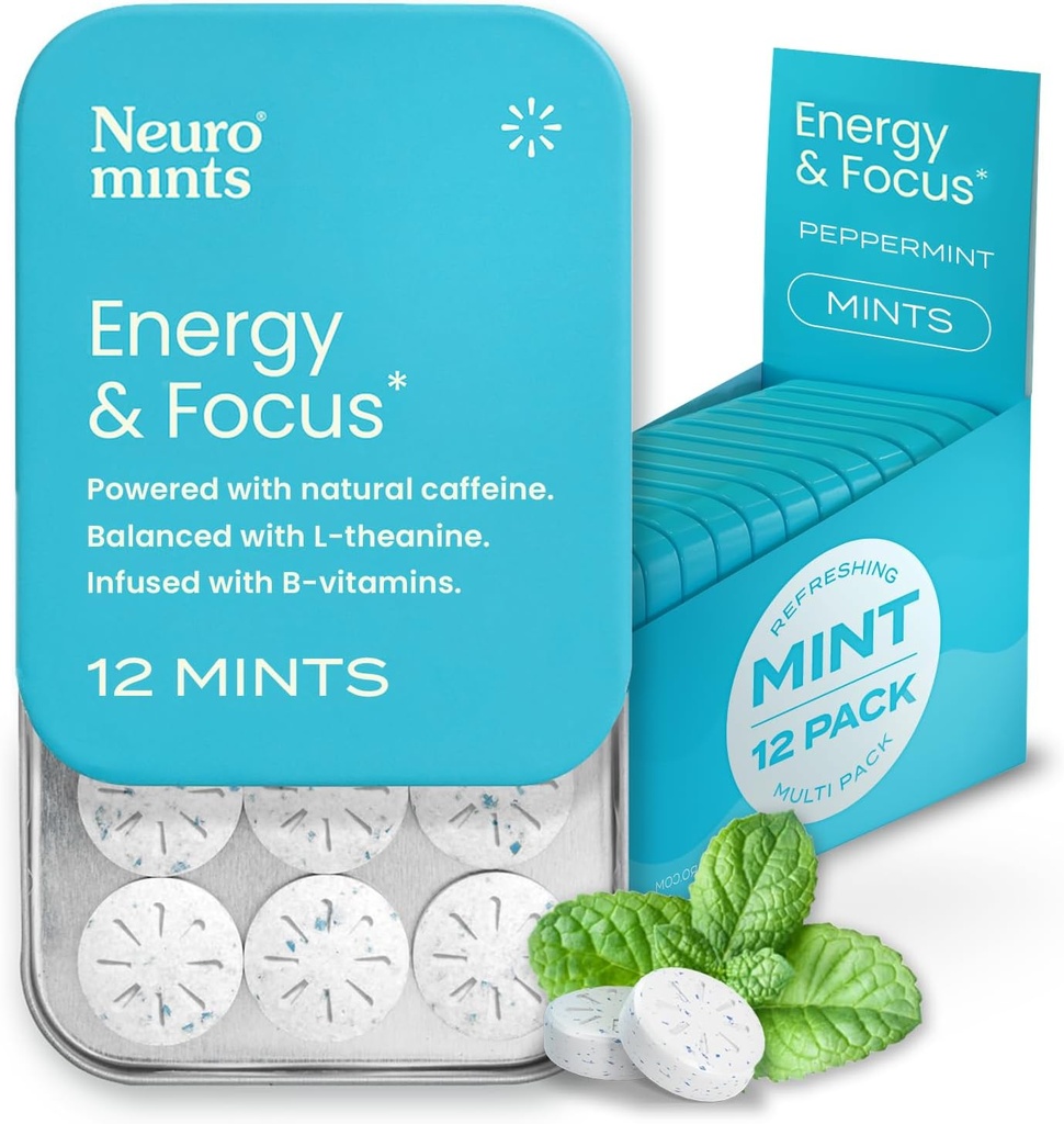 NeuroGum Energy Koffein Mints (144 stykker) - Sukker fri med L- theanin + Natural Koffein + vitamin B12 & B6 - Nootrop Energy & Focus Supplement for kvinder & mænd - Keto & Vegan, pebermynte Flavor