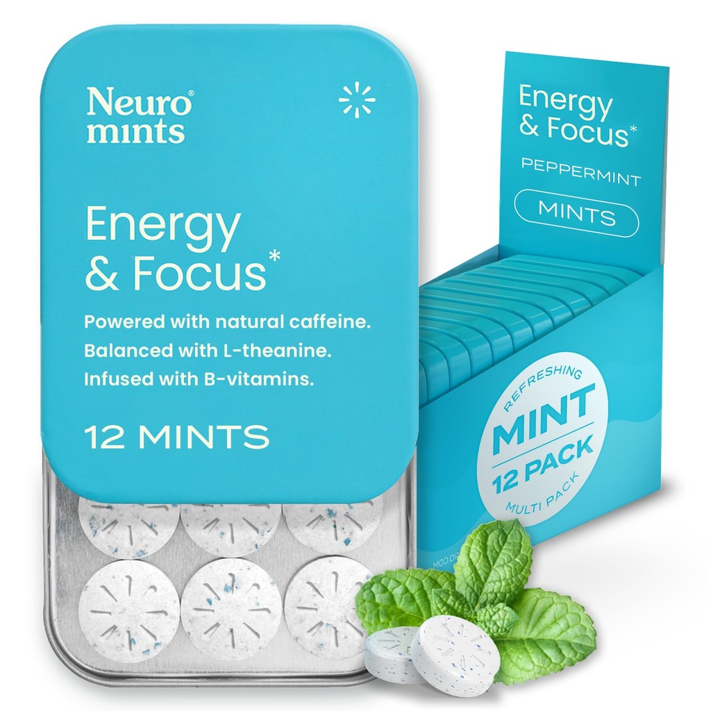 NeuroGum Energy Koffein Mints (144 stykker) - Sukker fri med L- theanin + Natural Koffein + vitamin B12 & B6 - Nootrop Energy & Focus Supplement for kvinder & mænd - Keto & Vegan, pebermynte Flavor