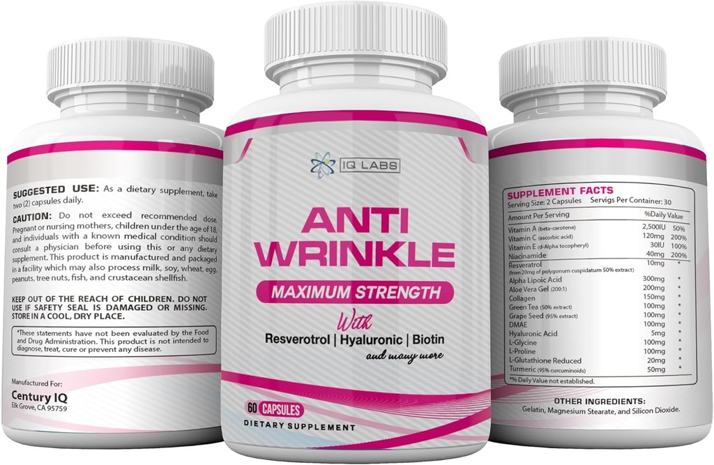 Skin Beauty Solutions (4) Anti- Wrinkle Max Kosttilskud 240 Kapsler w / Resveratrol, Alpha Lipoic Acid, Collagen, DMAE, Hyaluronic + Pills