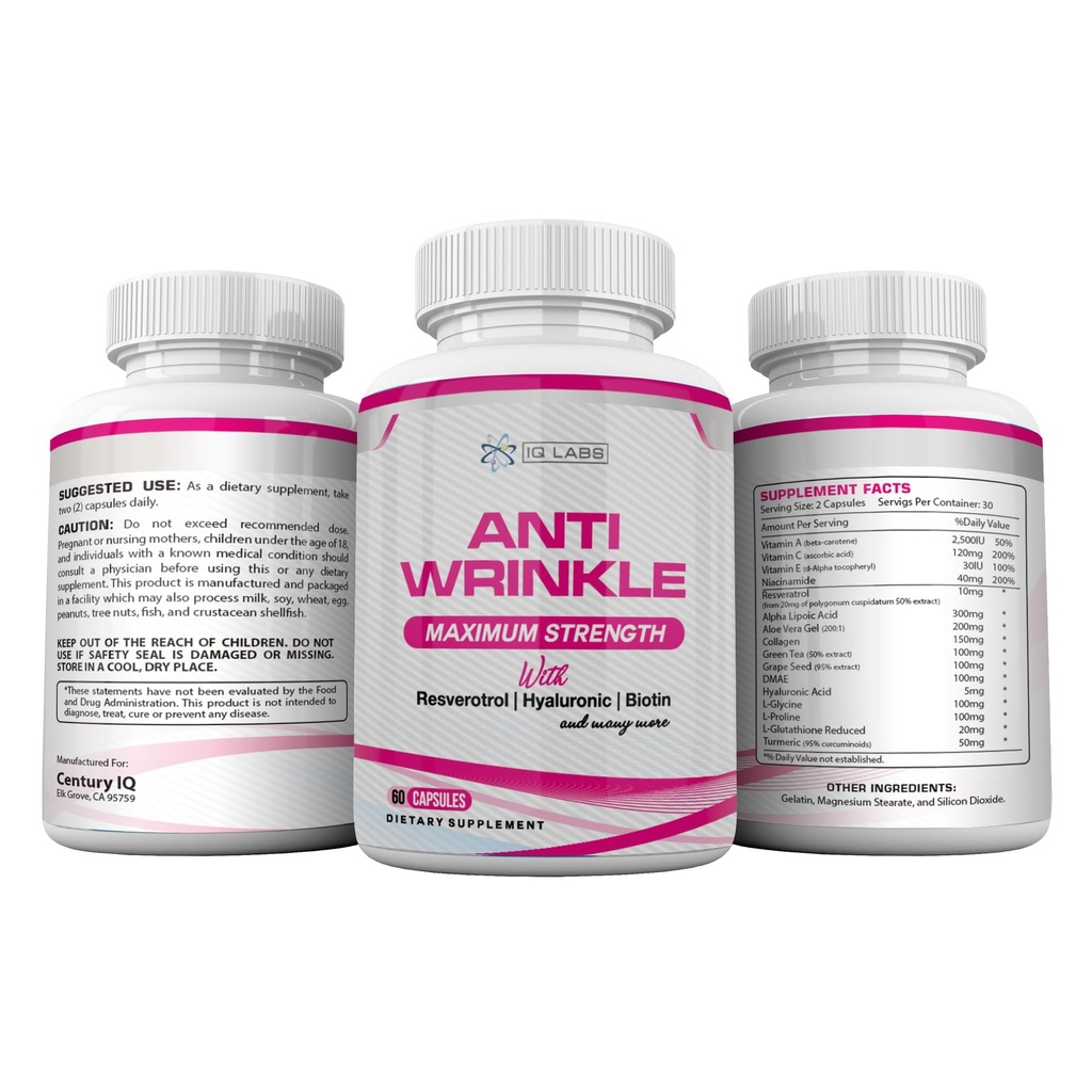 Skin Beauty Solutions (4) Anti- Wrinkle Max Kosttilskud 240 Kapsler w / Resveratrol, Alpha Lipoic Acid, Collagen, DMAE, Hyaluronic + Pills