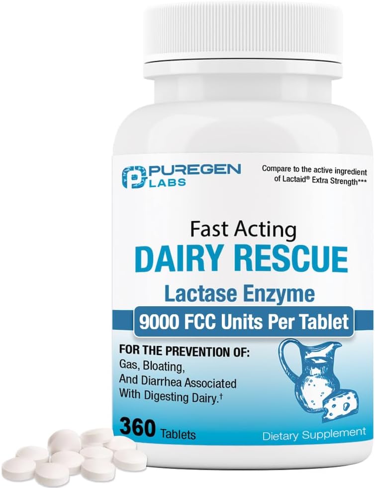 Puregen Labs Dairy Relief Fast fungerende Lactase Enzyme 9000 FCC, Lactose Intolerance Pills 360 tabletter