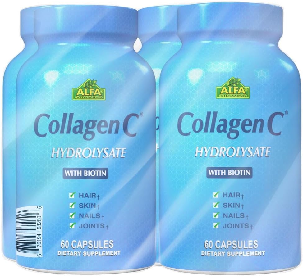 KollagenC Hydrolysat - kollagen kapsler 4 pakning med Biotin & C-vitamin - 60 kapsler pr. flaske til hud, hår, negle, immunforsvar og fælles støtte - 4 pakker