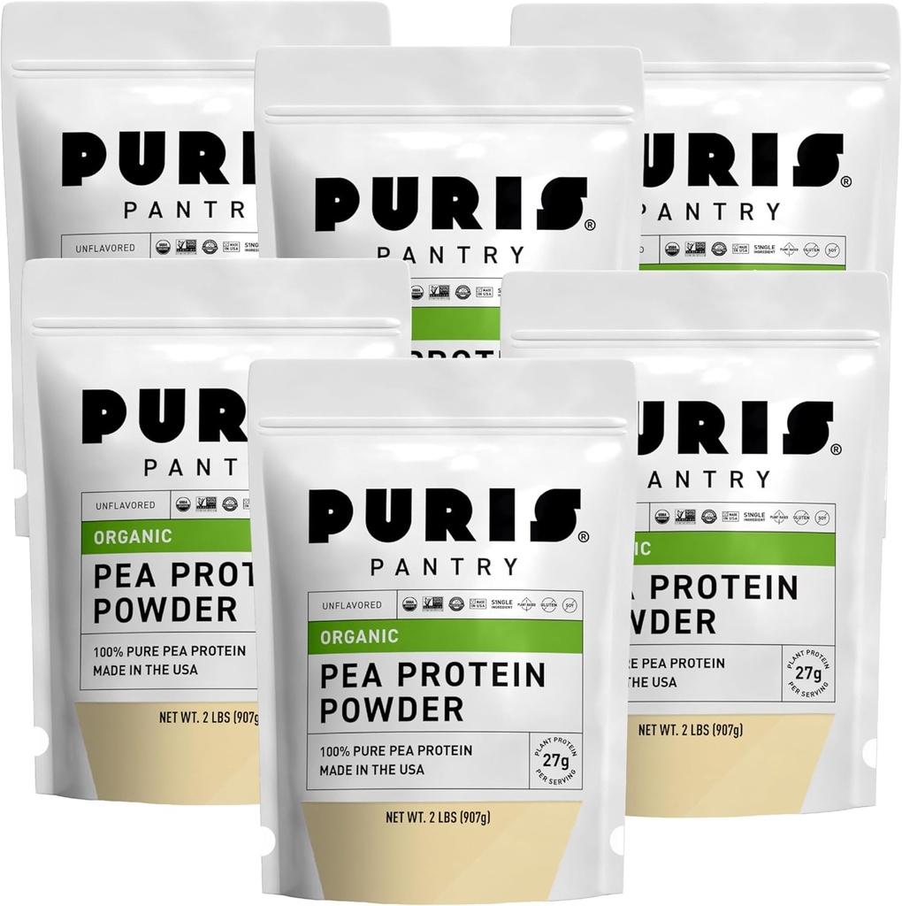 PURIS Organic Pea Protein Powder - USDA Organic Vegan Protein - 124; 27g Plant Protein Per Serving - 124; Non- GMO Gluten- Free Soy- Free - 124; Clean Label - 124; Glat Taste - 124; 2 LB (6 Pack)