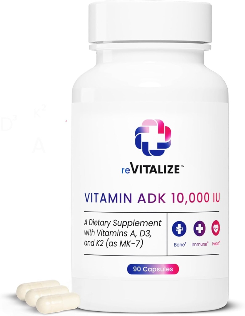 ADK vitamintilskud 10. 000 IE - 90 Servering, højpotens vitamin A, D3 & K2 (MK - 7) for knogleresultat