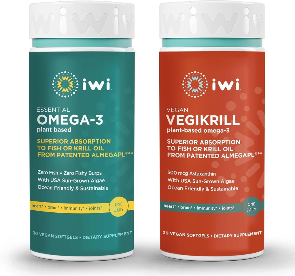 Iwi Omega-3 Essential & Vegikrill Omega-3 Bundle, 30 Servering, Vegan Plant- baseret Alger Omega 3, Krill & Fish Oil Alternative, Ingen Fishy Eftersmag