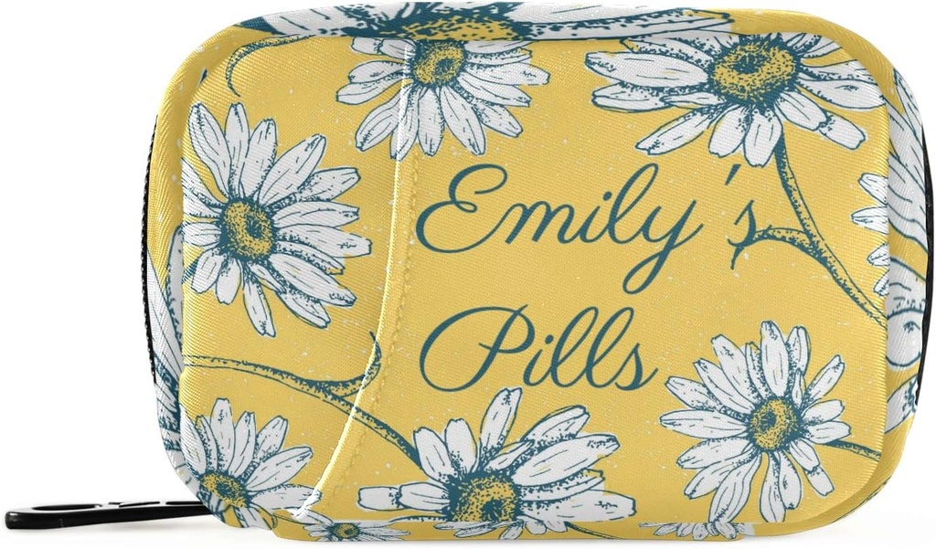 Custom Pill Box 7 Dag Pill Case Bag Daisy Blomster Personaliseret Navn Rejse Pill Organizer Bag med lynlås Portable ugentlige sag Kompakt størrelse for Vitamin Supplement Holder