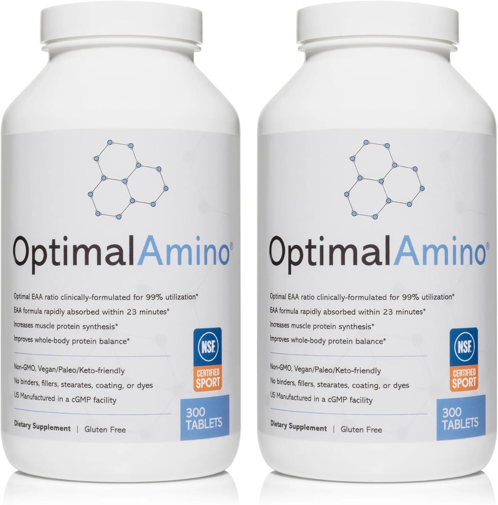 OptimalAmino Tablets Fitness Bundle (600 Greve) - 124; 99% Udnyttet Essential Aminosyre (EAA) Supplement - 124; Forøg muskelgendannelse, BCAA Protein Pre / Post Workout, NSF Certified for Sport ® Certified