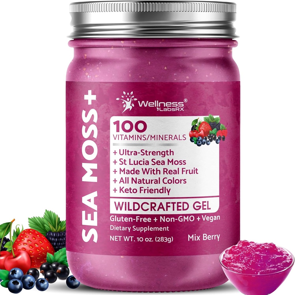 WELLENess LABSRX Irish Sea Moss Gel Raw - Fremstillede Superfood Seamoss Gel - Mix Berry Flavor, Vitamin og Mineral- Rich fra Pristine Caribbean Waters, Immun og fordøjelsessygdomme support - 10 oz.