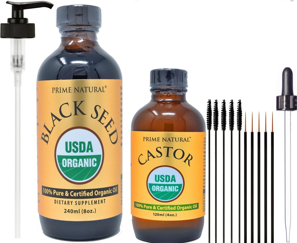 PRIME Natural Organic Black Seed Oil & Organic Castor Oil - 2 Oil Bundle - USDA Certified - Cold Pressed, Virgin, Uraffineret, Vegan, Non- GMO, Ingen konserveringsmidler