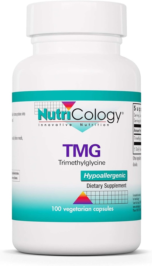 Nutricology TMG Trimethylglycin 750 mg Supplement - betain vandfri, understøtter sund methylering, fremmer sunde homocystein niveauer, Hypoallergen, Vegetariske kapsler - 100 Tæl