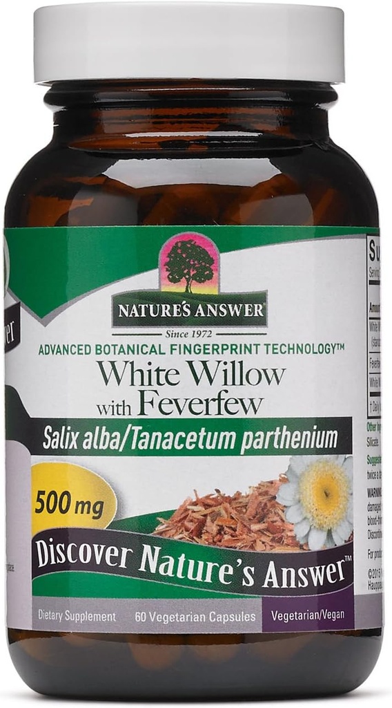 Naturens svar Hvid Willow med feverfeet 500mg 60- Kapsler; Inflammation Support • 124; Understøtter fælles funktion • 124; Gluten- fri, Non- GMO, Vegan, Ingen kunstige flavors eller Konserveringsmidler • 124; Enkelt optælling