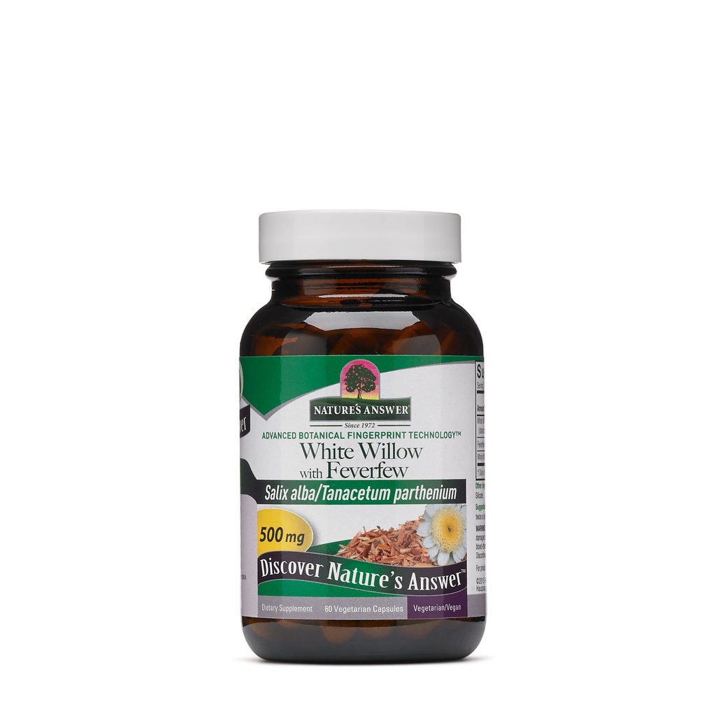 Naturens svar Hvid Willow med feverfeet 500mg 60- Kapsler; Inflammation Support • 124; Understøtter fælles funktion • 124; Gluten- fri, Non- GMO, Vegan, Ingen kunstige flavors eller Konserveringsmidler • 124; Enkelt optælling