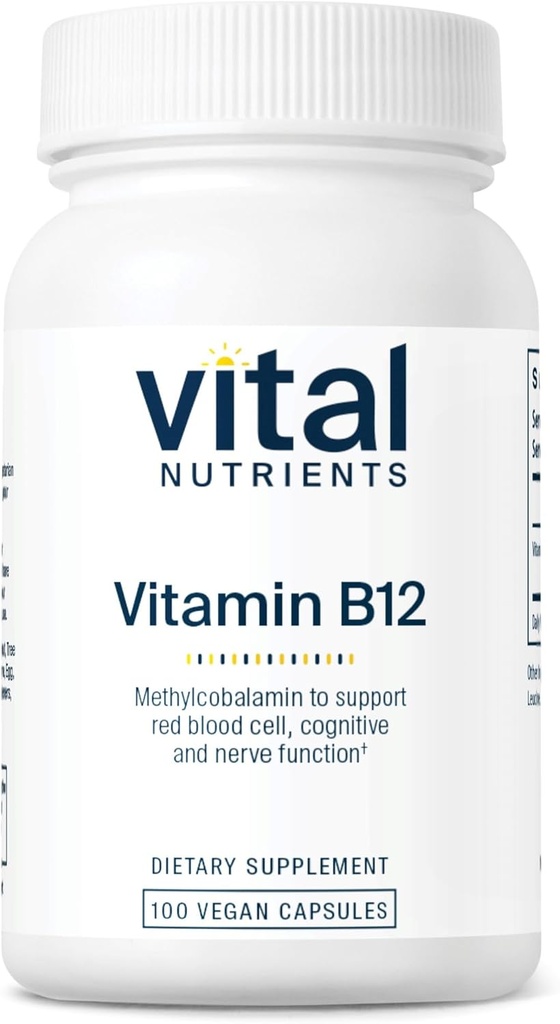 Vital Nutrients Vitamin B12 1000mcg - Vegan - Methylcobalamin til Metabolisme, Kognitiv & Nervesystemet Sundhed * - Høj- potens B12 Supplement - Gluten, Dairy, Soy Free - 100 kapsler