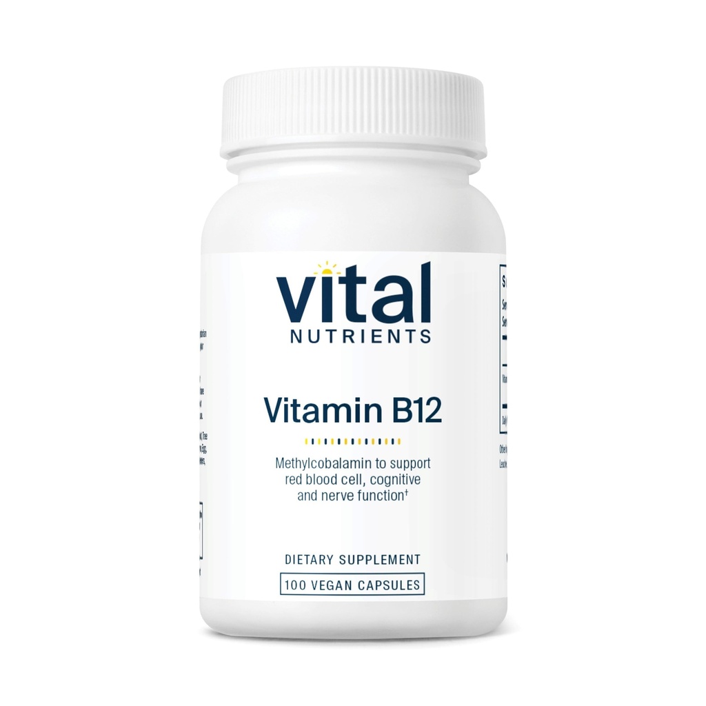 Vital Nutrients Vitamin B12 1000mcg - Vegan - Methylcobalamin til Metabolisme, Kognitiv & Nervesystemet Sundhed * - Høj- potens B12 Supplement - Gluten, Dairy, Soy Free - 100 kapsler